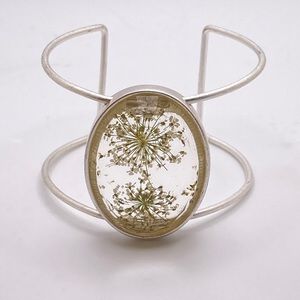 Dainty BOHO Silver Arm Cuff Bracelet Encapsulated Queens Anne Lace Flower Resin